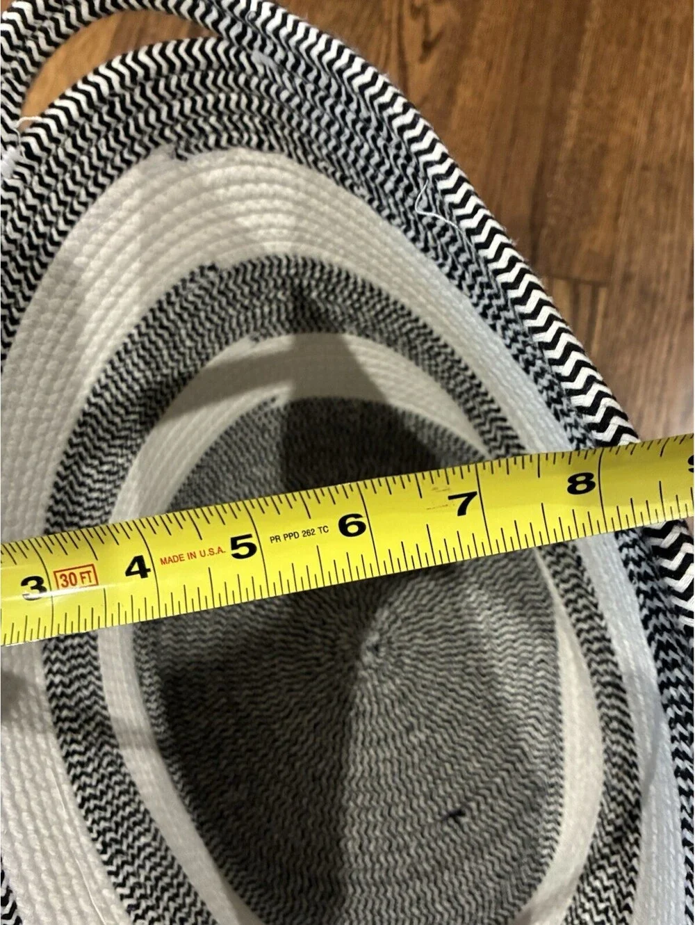Woven Cotton Rope Storage Basket Black White Chevron Stripe Handle Oval ~18